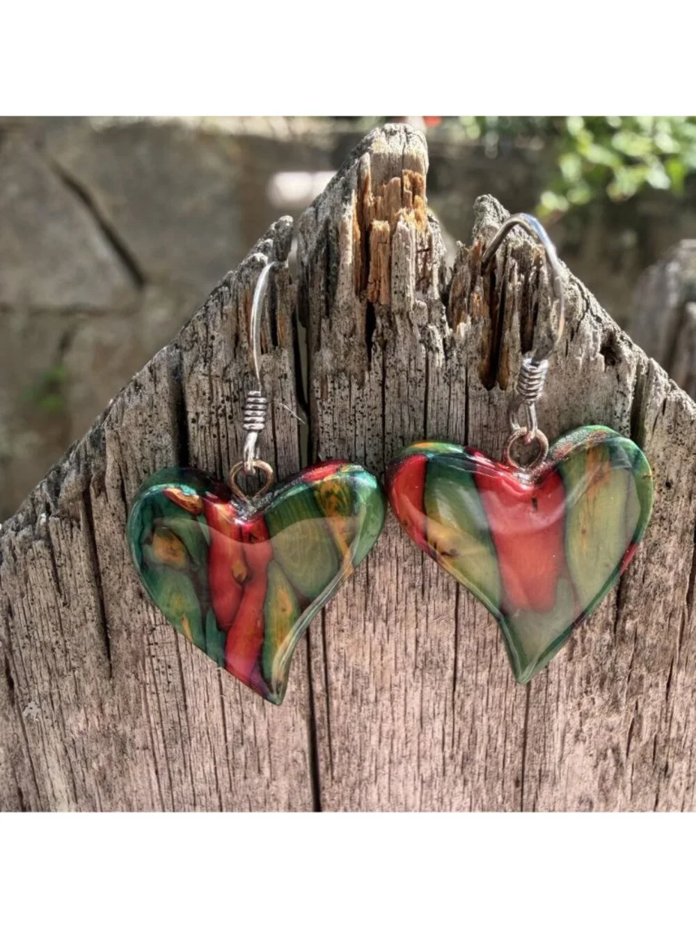 Colorful Dyed Burl Wood Heart Drop Earrings Handcrafted Bohemian Eco Friendly